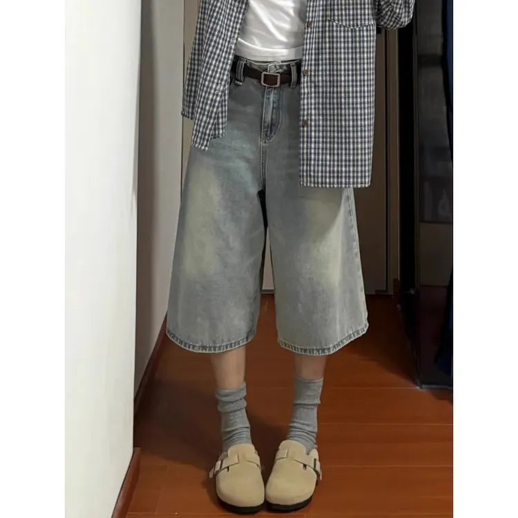 美式夏季百搭阔腿牛仔裤薄款女夏七分裤大码女装胖mm宽松直筒中裤