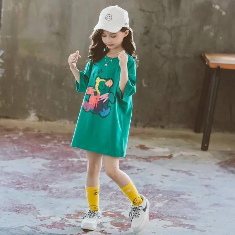 女童纯棉夏装半袖T恤裙 2021新款韩版女孩宽松版短袖中大童装衣服
