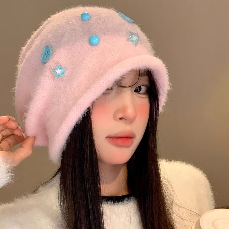 纽扣毛绒针织堆堆帽女秋冬韩版显脸小包头帽宽松大头围秋冬冷帽子