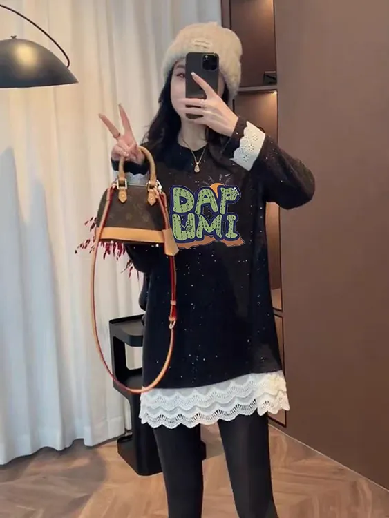 假两件蕾丝花边亮丝T恤女中长款磨毛遮屁股打底2025秋冬洋气上衣