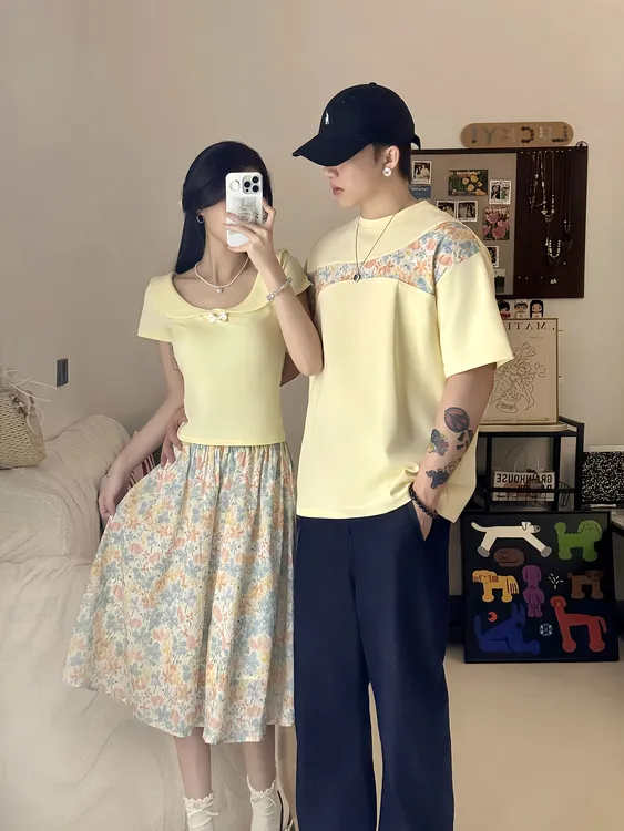 情侣装夏季甜美减龄少女风修身碎花女两件套男短袖T恤一裙一衣潮