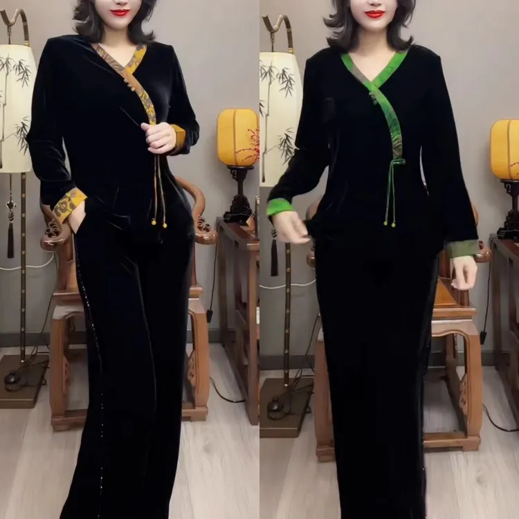 V领金丝显瘦常规女装中国风法式套装