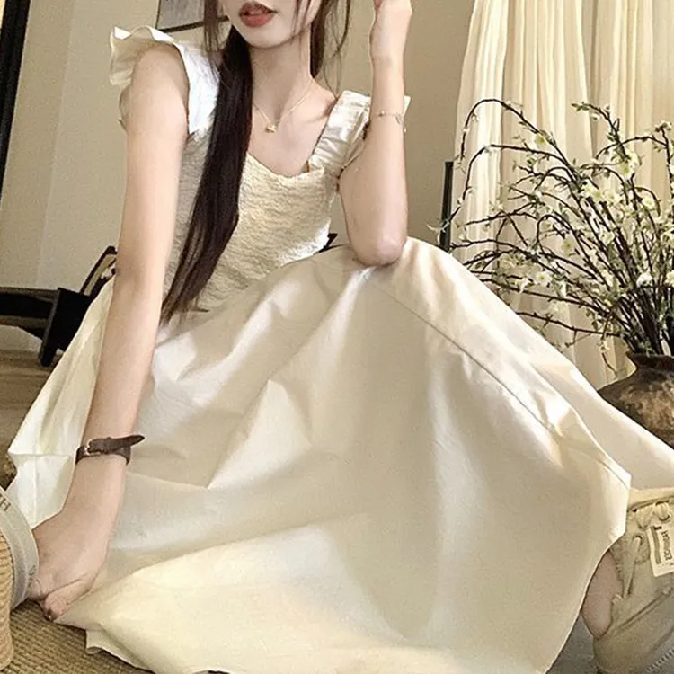 露肩修身连衣裙女夏新款韩版小众设计感褶皱高腰显瘦中长款A字裙