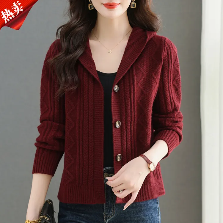 【原版正品】羊毛衫女连帽针织开衫短款秋季新款上衣外搭毛衣外套