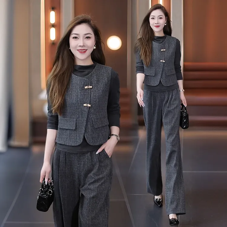 时尚高级感套装女2025春季新款洋气显瘦马甲打底衫阔腿裤三件套潮