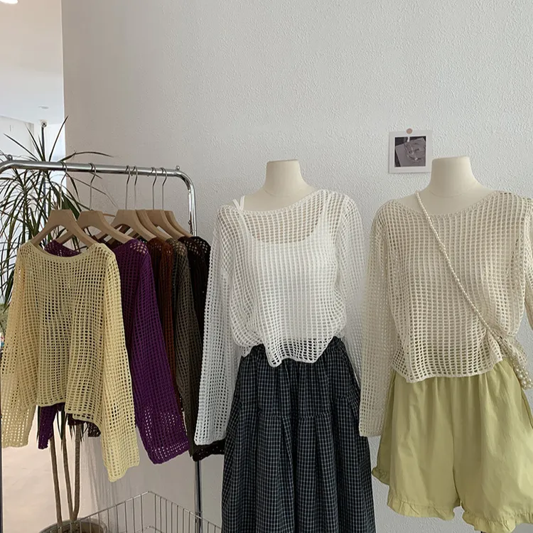 欧玛莱 镂空针织衫女纯欲百搭高级感圆领透视长袖纯色上衣潮3787