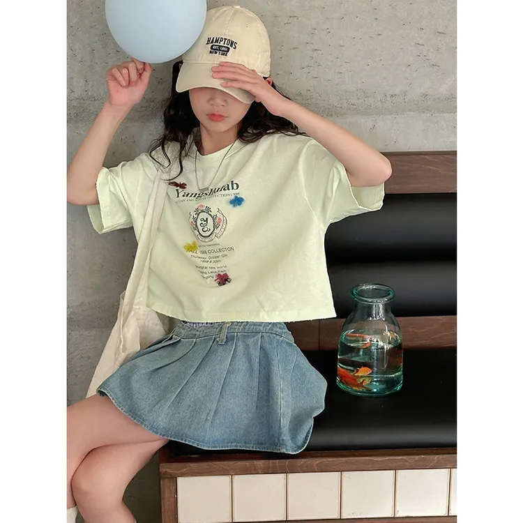 K28238女童短袖T恤2025夏装新款儿童短款上衣女大童春夏半袖休闲t