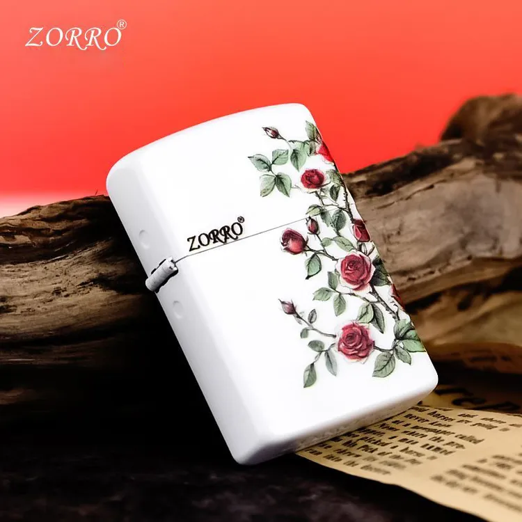 ZORRO 彩印蔷薇之心煤油打火机正品个性炫酷防风打火机节日送礼