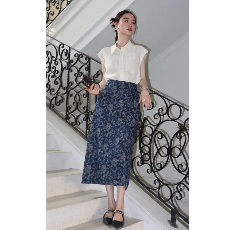 HELA AOMI“蔷薇牛仔”提花高级感高腰显瘦包臀半身裙CY5BC71434