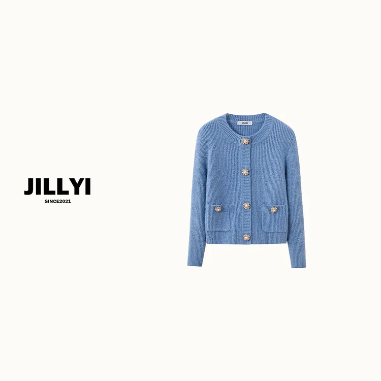 jillyi【蓝色眼泪】宝海蓝色圆领金色单排扣简约时尚针织开衫