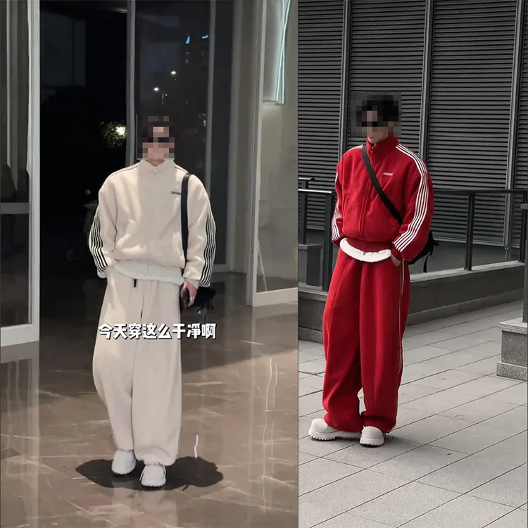 时尚潮流冬季新品美式复古运动条纹加绒拼接百搭外套宽松长裤套装