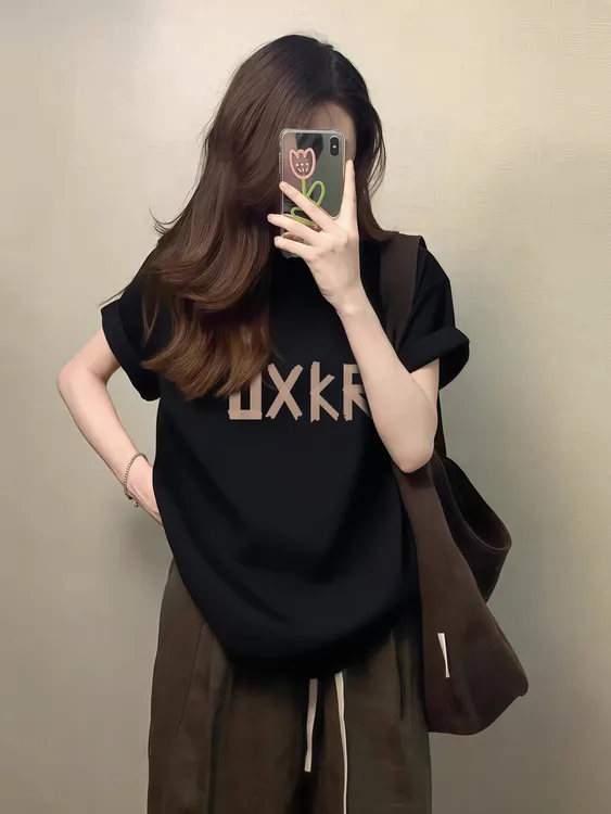 纯棉字母印花黑色短袖t恤女宽松大码洋气上衣服女装胖mm显瘦遮肉