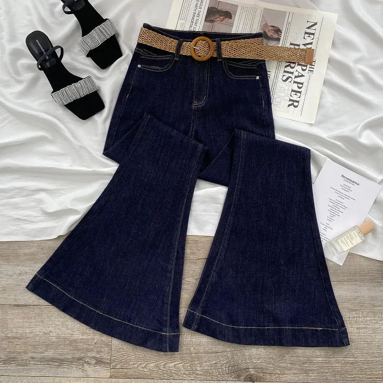 丹宁蓝鱼尾微喇牛仔裤女2025年秋冬加绒新款高腰修身收腹喇叭裤女