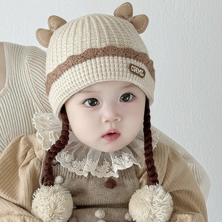 【小布丁】婴儿帽子秋冬季女宝宝韩版洋气辫子毛线帽女孩保暖针织帽