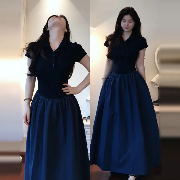 法式气质蓝色短袖连衣裙子女夏2025新款高级感黑色长款修身连衣裙