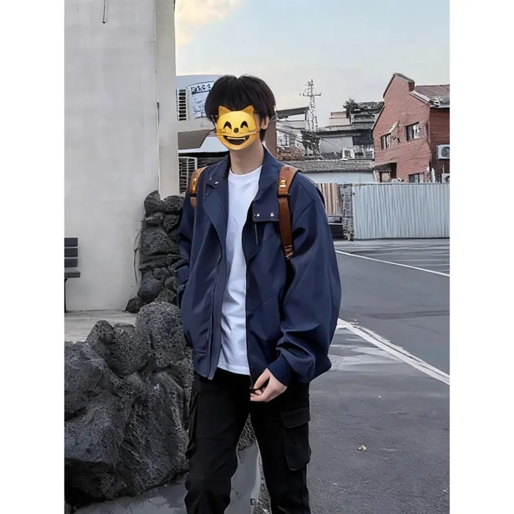 藏青色解构美式飞行员夹克男春秋季立领工装夹克高级感短款棒球服