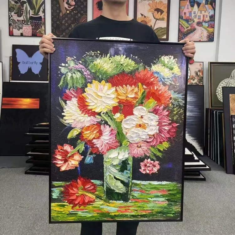 法式肌理餐厅画抽象花卉餐厅挂画客厅大幅装饰画抽象立体花卉花瓶