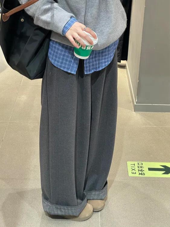 毛呢阔腿休闲裤女秋季新款胖妹妹大码梨形身材高腰复古卷边直筒裤