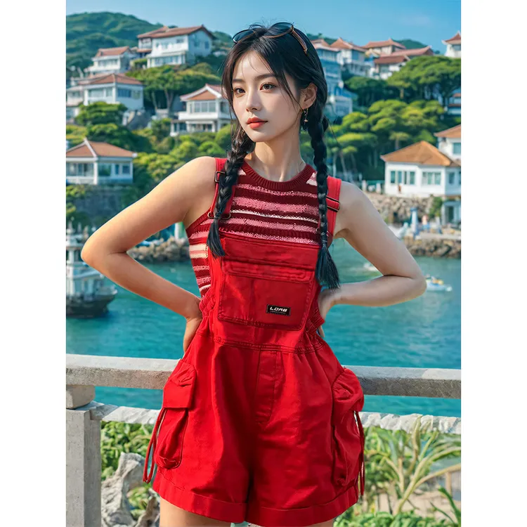 KSKM红色工装背带裤女2026夏季新款甜辣多巴胺穿搭小个子五分短裤