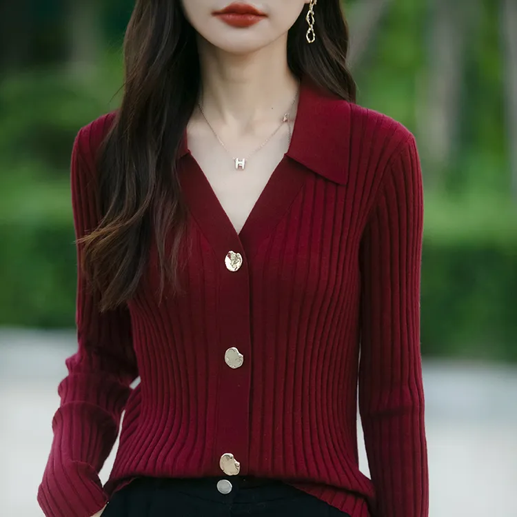 翻领红色针织开衫2025春季新款修身显瘦打底短款长袖内搭上衣外套