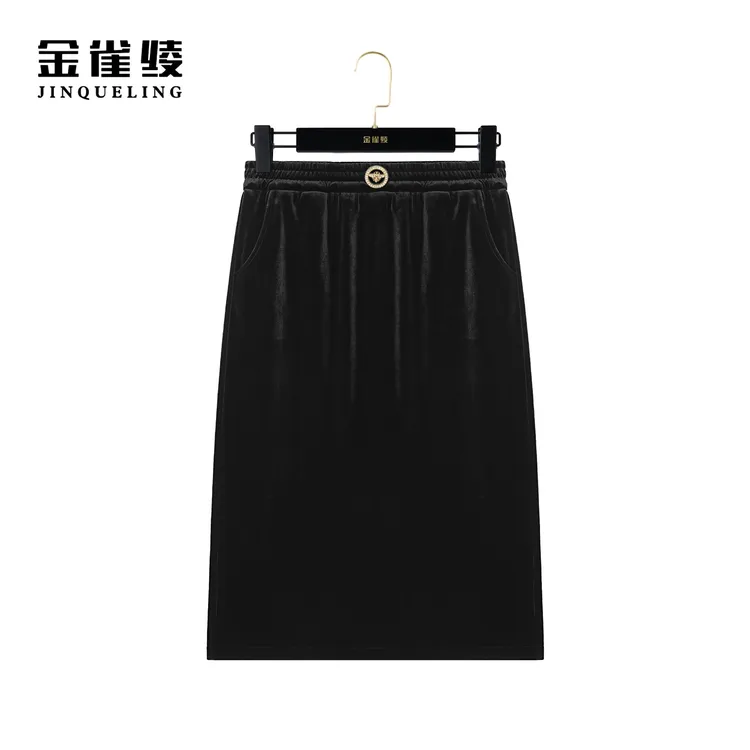 金雀绫【蜜蜂扣】纯色气质丝绒简约轻奢加宽加大半身裙SZA4QL724