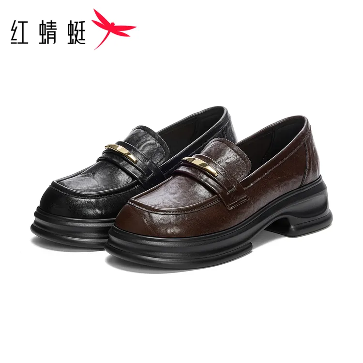 红蜻蜓女士秋季高跟休闲百搭复古英伦风套脚圆头厚底时尚乐福鞋