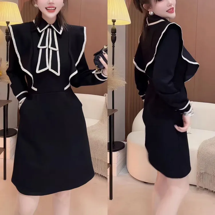 法式女装高腰显瘦秋冬连衣裙波西米亚风秋季小香风