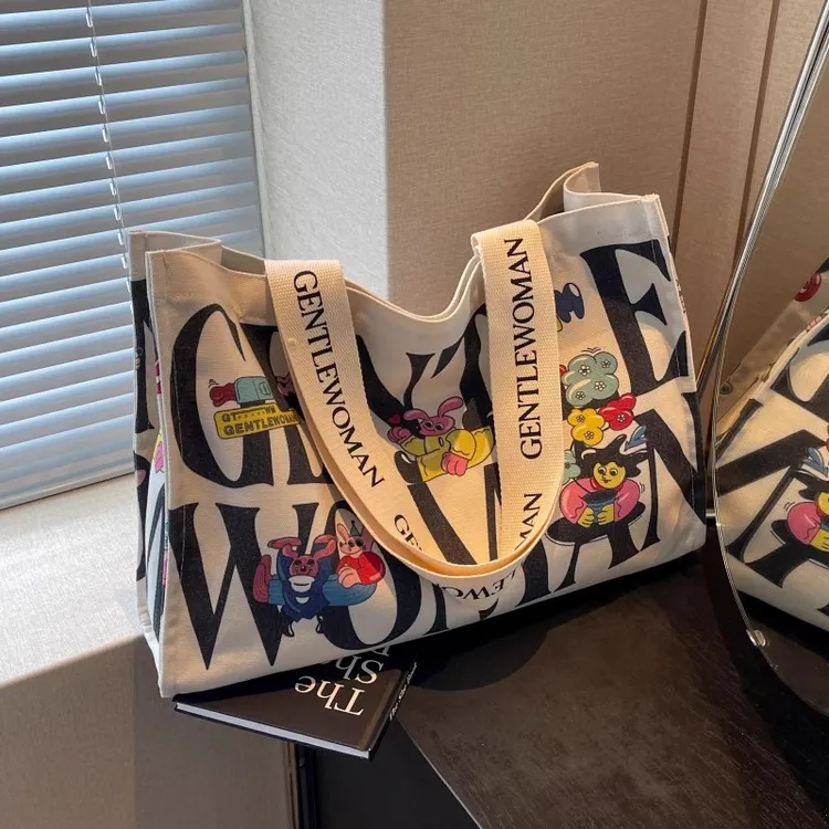 夏季大容量字母帆布包女时尚通勤手提购物袋大学生上课单肩托特包