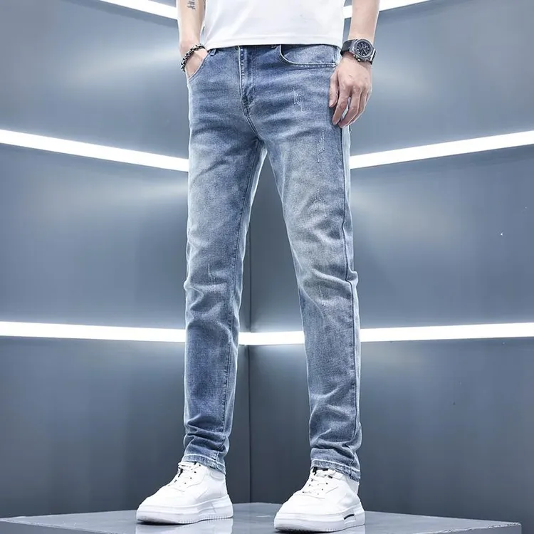 2025新款男士牛仔裤男夏季薄款蓝色男裤修身小脚弹力休闲裤子男款
