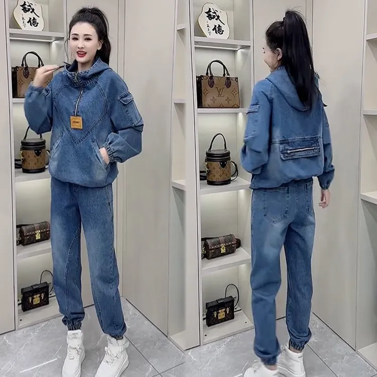 新款连帽2025欧货牛仔时尚套装女春季宽松大码休闲简约洋气两件套