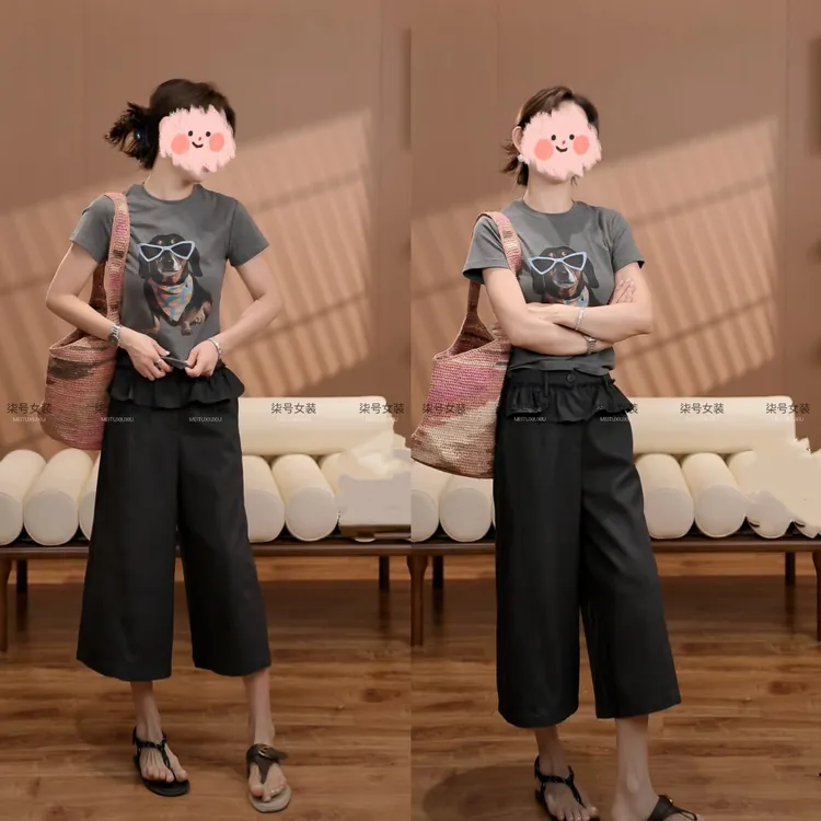 网红时尚爆款夏季穿搭卡通短袖打底T恤上衣+高腰显瘦花苞腰七分裤