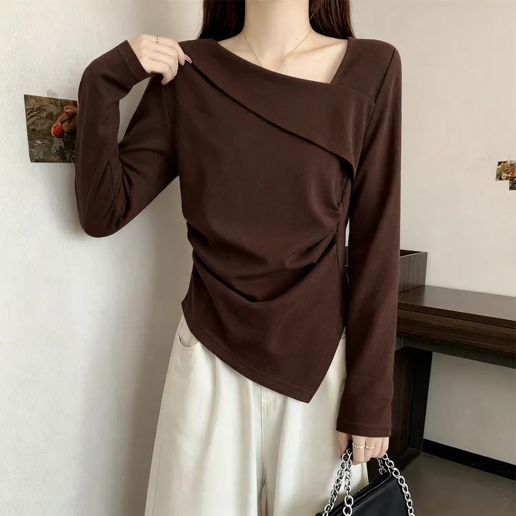 秋冬小众内搭打底衫显瘦上衣斜肩纯棉设计感不规则遮肉长袖T恤女
