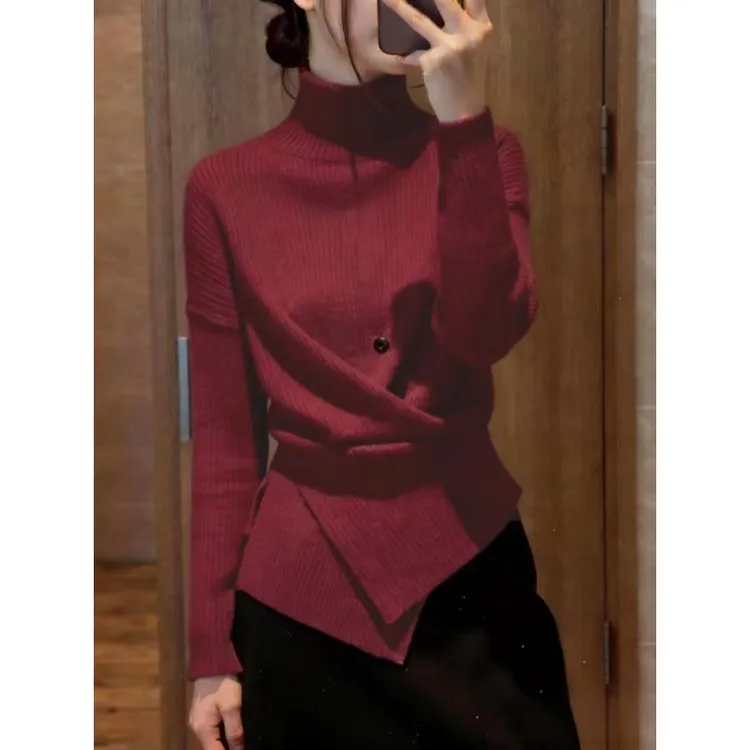 2025韩系红色针织打底衫气质轻熟风高领软糯套头毛衣收腰显瘦上衣