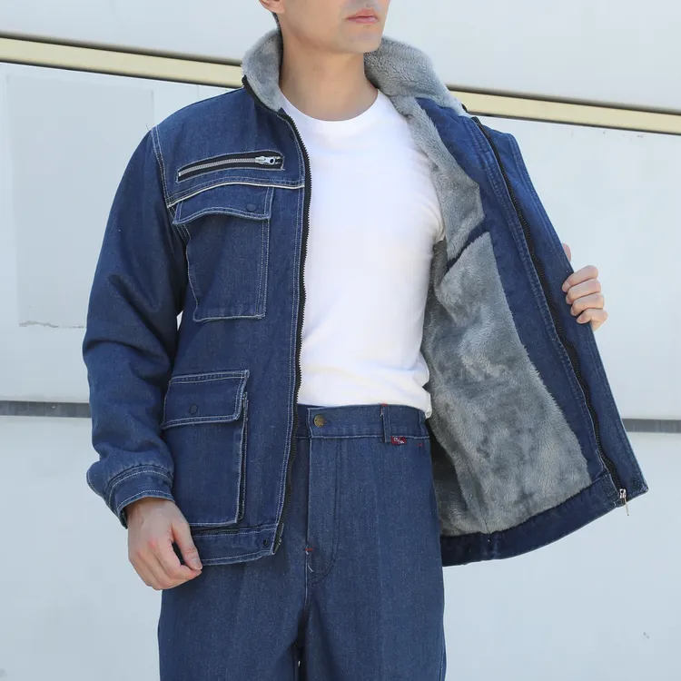 冬季加绒牛仔电焊工作服棉袄棉裤套装劳保服棉服焊工棉衣男装男款