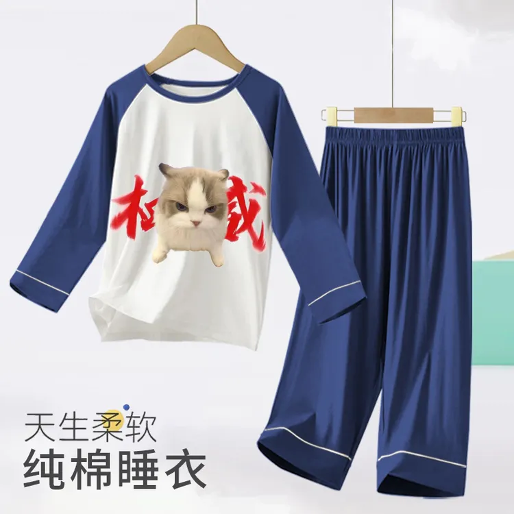 100%全棉新款男孩睡衣权威春秋男童长袖搞怪套装儿童家居服青少年