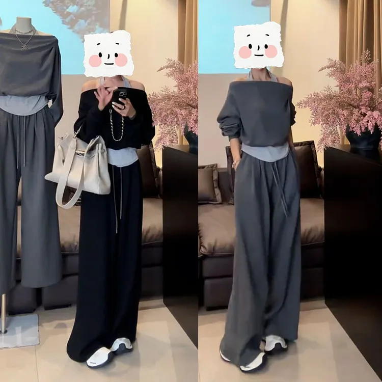 2025秋季新款设计感韩系慵懒时尚假两件背心卫衣高腰阔腿裤两件套