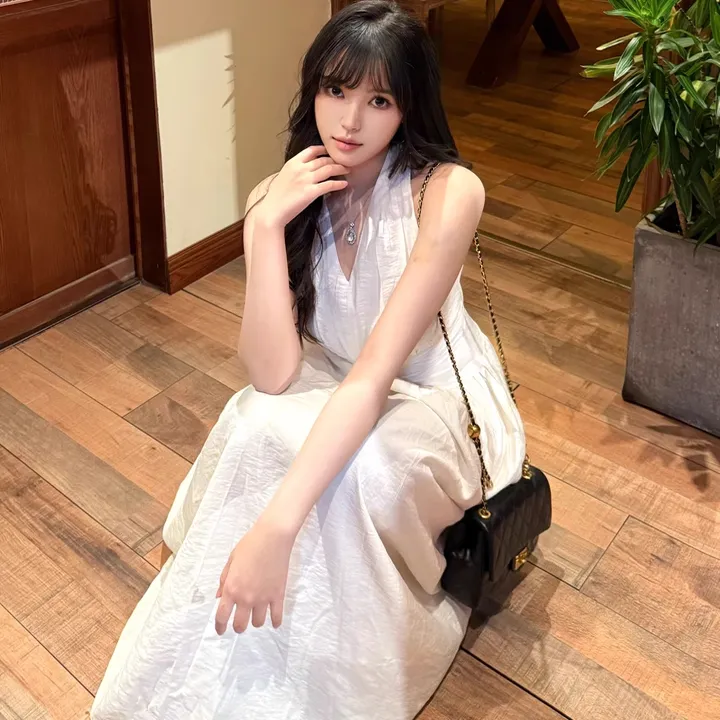 VELVET MOON 仙姿逸韵 桃花皱缎面垂坠长裙 束腰修身显瘦女神范