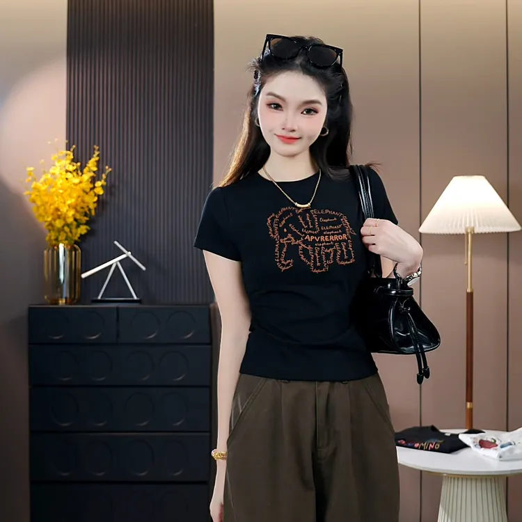 Apvr刺绣小象2025年夏季新品刺绣短袖休闲百搭显瘦圆领T恤女T648