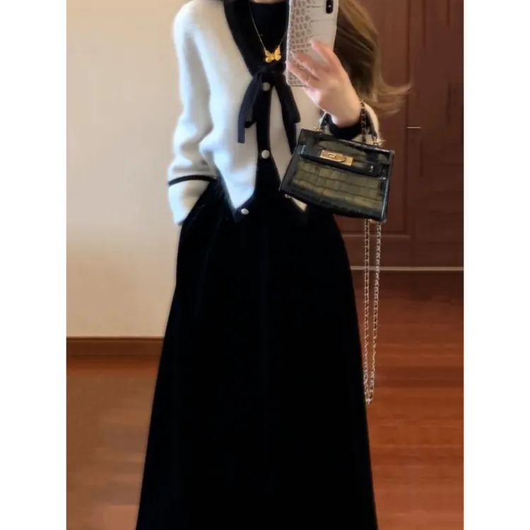 韩系小个子减龄显瘦裙套装2025冬季新款学院风长袖针织衫+半身裙