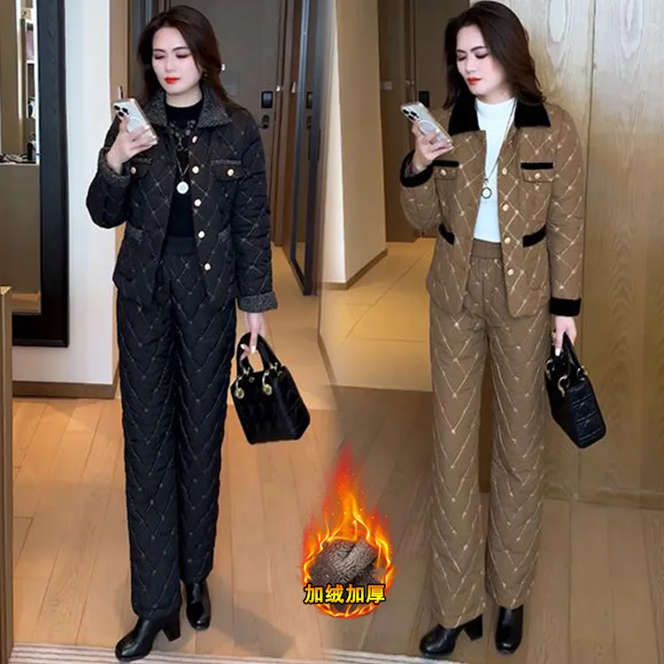 加绒加厚小香风时尚套装女冬季新款洋气显瘦短外套阔腿裤两件套潮