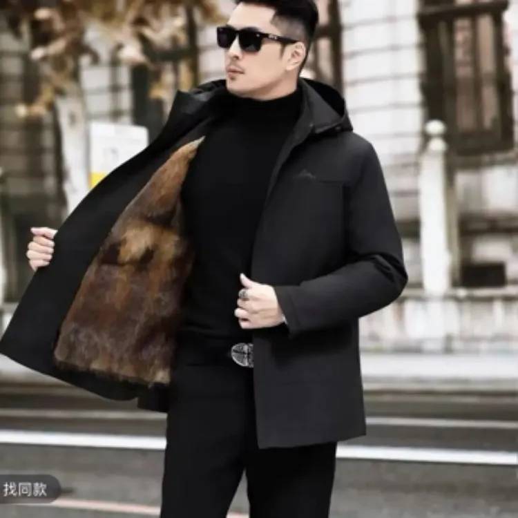 整貂男士高端派克服可拆卸内胆真貂毛皮草工艺可拆帽