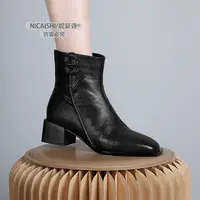 2024年新款法式轻奢小众设计黑色气质短靴时尚舒适粗跟加绒靴0888