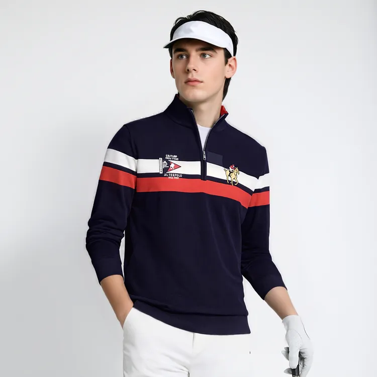 马标刺绣撞色时尚条纹POLO男商务休闲秋季长袖拉链套头立领卫衣