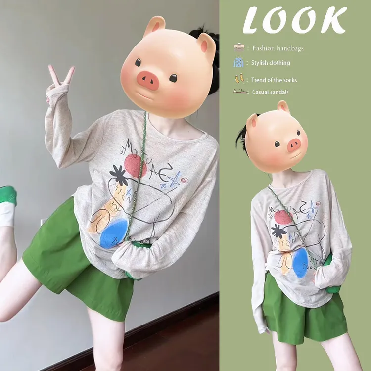 今年流行漂亮套装女2025新款薄款宽松印花长袖T恤显瘦短裤两件套