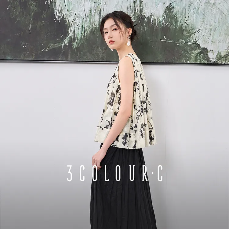 三彩【泼墨生花】2025夏季新款新中式衬衫衬衣小衫无袖上衣女C