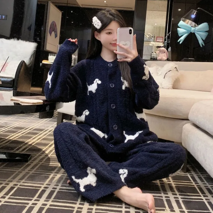 秋冬新款学院风家居服小狗绞花半边绒提花圆领长袖针织睡衣厚款