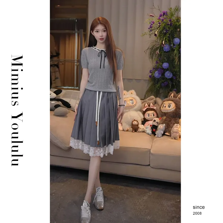 【mimius】P 静奢学院气质感蕾丝领蝴蝶结针织衫+半身裙 WG06059
