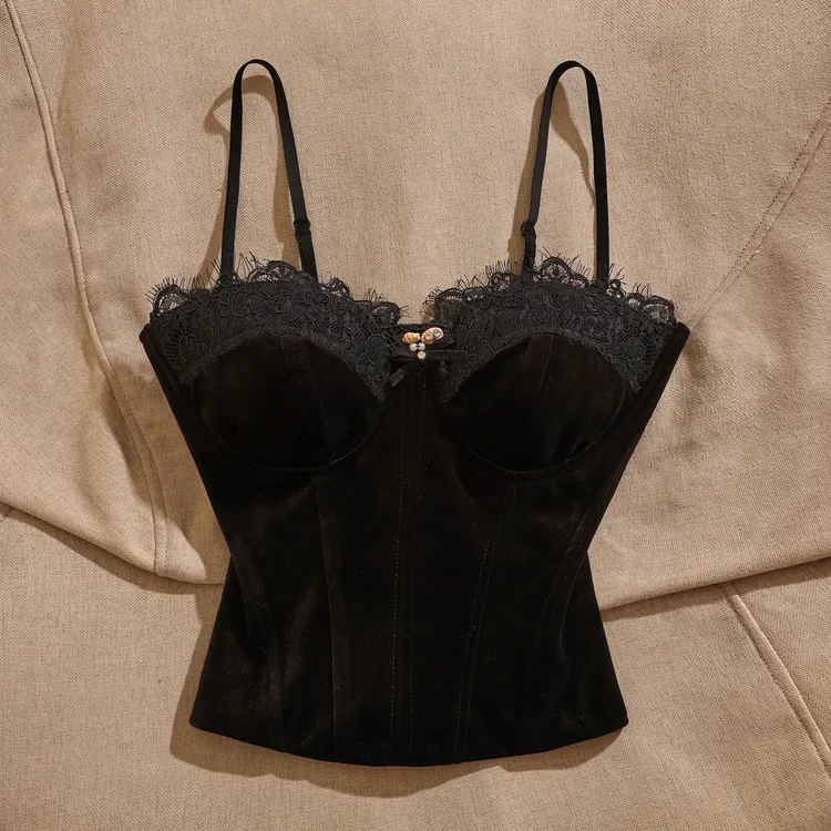 轻奢蕾丝拼接丝绒吊带背心女黑色修身性感高级感显瘦外穿纯色上衣