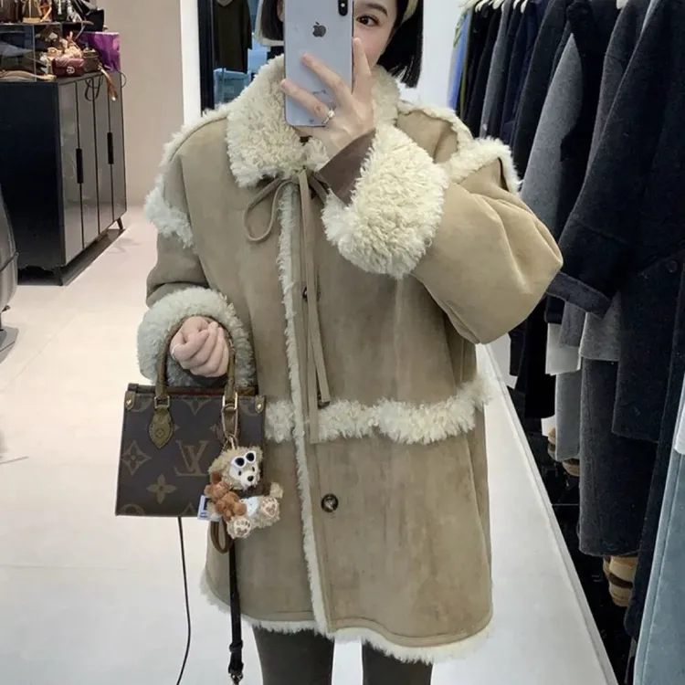 设计感毛毛外套女秋冬季加厚蝴蝶结中长款羔羔毛一体可爱翻领韩版