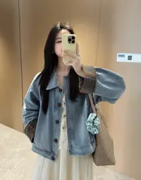牛仔外套女2025秋季新款韩版格子拼接袖短款长袖宽松小个子夹克潮